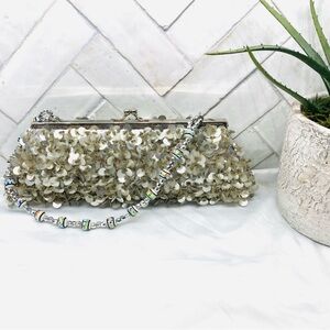 Silver Sequin Clutch with Beaded Handle | Vintage-Inspired